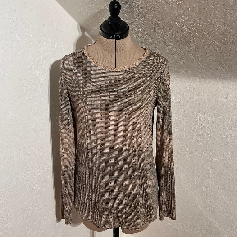 Vocal USA Rhinestone Knit Sweater Taupe Lightweight Open Knit Women’s Glam Top